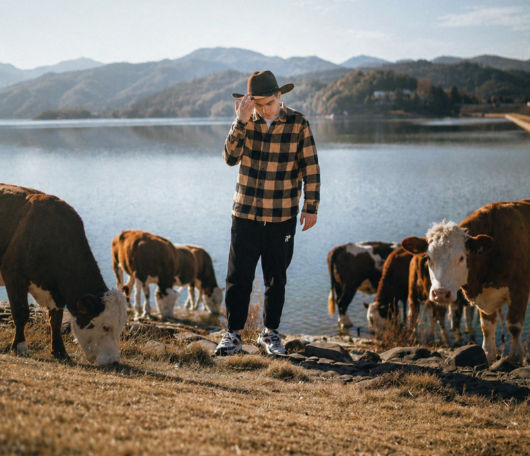 Vaquero con vacas frente al lago